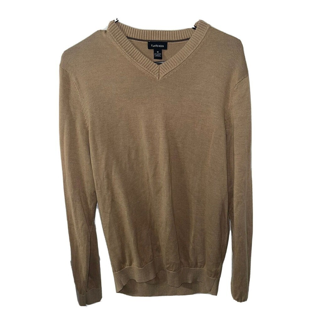 Van Heusen Beige Solid Cotton Acrylic Sweater Top Long Sleeve Size Medium